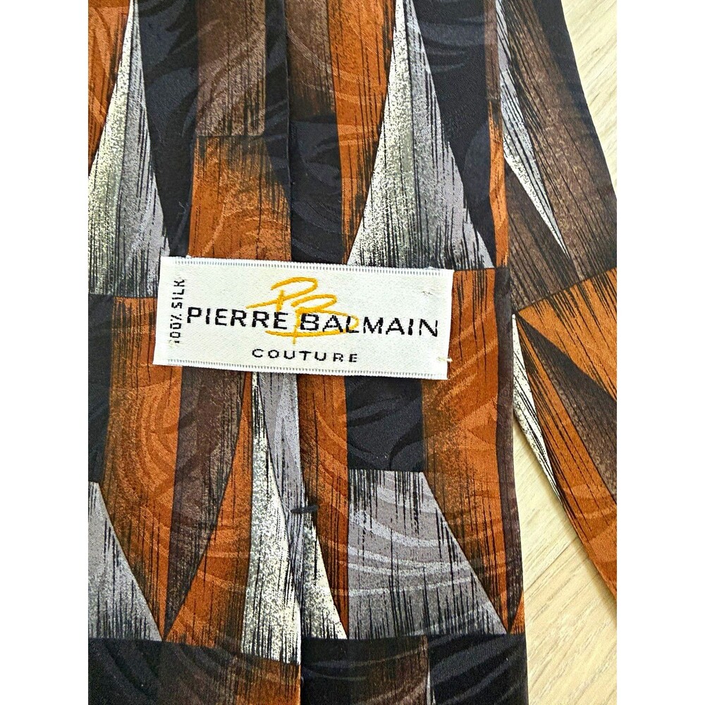 Pierre Balmain Couture Men 100% Silk Geometric Tie Brown Black Pointed Woven USA